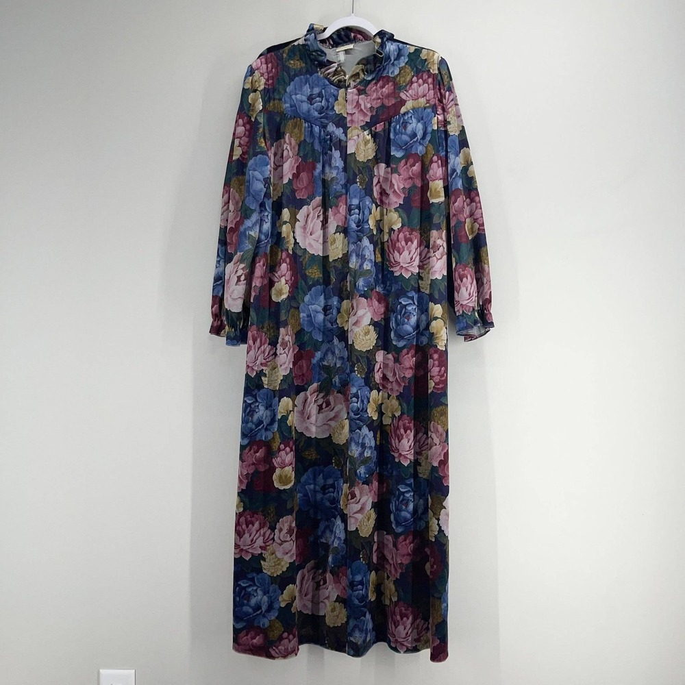VTG Adonna‎ Velvet Floral House Dress Robe Muumuu Blue Pink Gold Floral Half Zip
